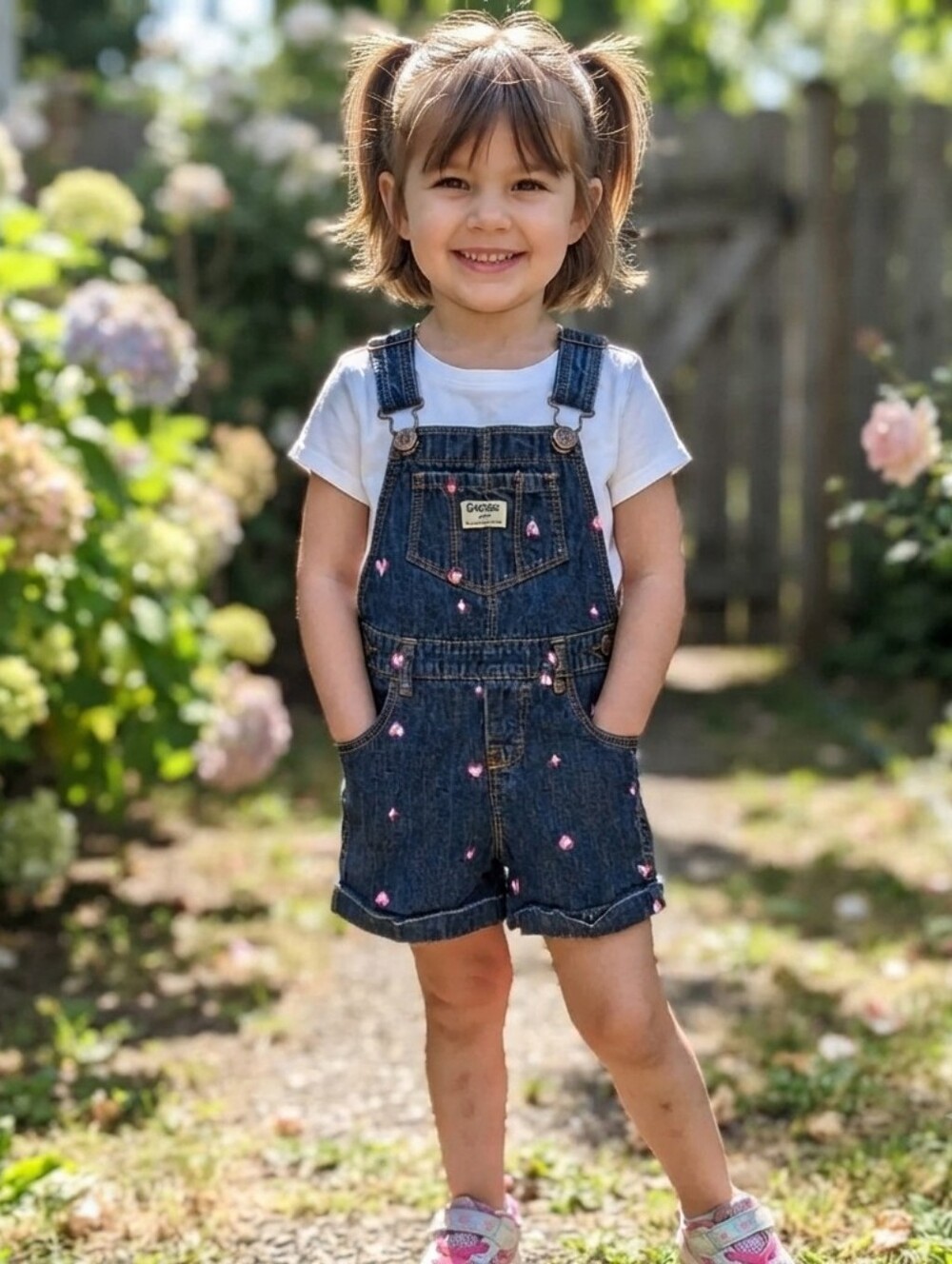 OshKosh B'gosh 4T Girls' Dark Blue Denim Overalls with Pink Heart Print